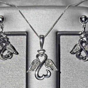 Jane Seymour Sterling Silver Open Heart Angel Pendant Necklace Earrings Set